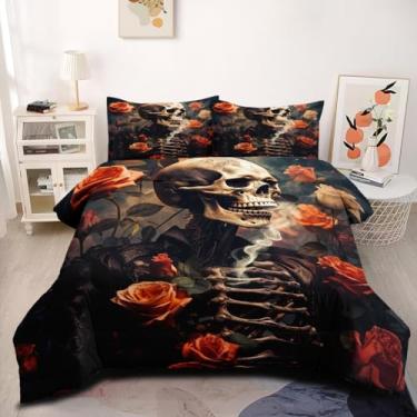 Imagem de CCoutueChen Conjunto de edredom de Halloween, tamanho casal, crânio rosa, conjunto de cama para meninas, 3 peças de microfibra macia e fofa com 2 fronhas/79 x 90