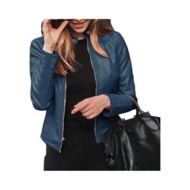 Imagem de Jaqueta Feminina Slim Fit De material sintético Estilo Motoqueiro Com 