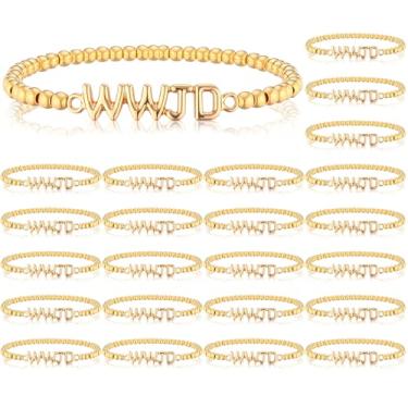 Imagem de Huquary 24 pulseiras WWJD com contas de ouro presente a granel O que Jesus faria pulseiras ajustáveis a granel inspiradoras religiosas religiosas joias presentes para mulheres, homens, meninas