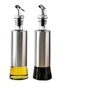 Imagem de Kit Galheteiro 500ml Porta Azeite e Vinagre de Vidro Premium e Aço Inox com Dosador 500ML(Kit com 2 Galheteiros)