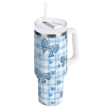 Imagem de SEHANY Lindo copo de laço azul de 1,134 g com alça, copo isolado de aço inoxidável a vácuo de parede dupla, à prova de vazamento, caneca de café isolada para viagem cabe no suporte de copo de carro