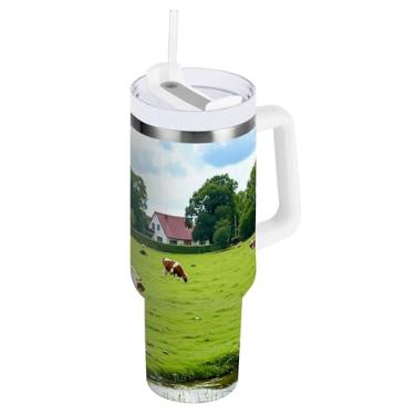 Imagem de SEHANY Copo Highland Cow de 850 g com alça, copo isolado de aço inoxidável a vácuo de parede dupla, à prova de vazamento, copo de viagem isolado cabe no suporte de copo de carro