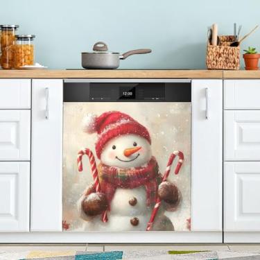 Imagem de xigua Linda capa magnética de boneco de neve de Natal, adesivos magnéticos decorativos antiarranhões para painel de geladeira e lava-louças, decoração personalizada de cozinha doméstica 58 x 66 cm