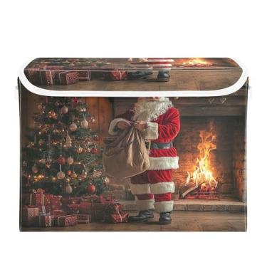 Imagem de SEHANY Linda caixa de armazenamento de Papai Noel de Natal com tampas e alças, organizador de cestas de armazenamento de tecido dobrável, caixas de armazenamento de cubos grandes para roupas, cobertor