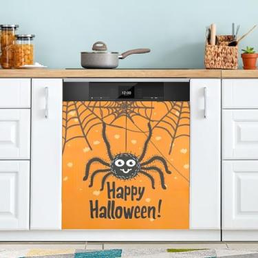 Imagem de xigua Capa magnética de teia de aranha de Halloween, adesivos magnéticos decorativos antiarranhões para painel de geladeira e lava-louças, decoração personalizada de cozinha doméstica 58 x 66 cm