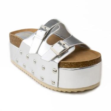 Imagem de RF ROOM OF FASHION Sandálias femininas plataforma com biqueira aberta, Prata - Plataforma de banda dupla, 36