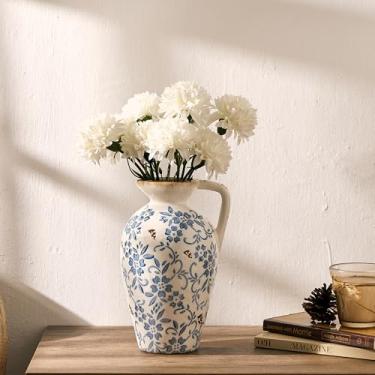Imagem de Vaso antigo de porcelana azul e branco, vaso floral vintage chinoiserie de 22 cm, vaso de cerâmica rústica para decoração de casa, sala de estar, estante de livros, escritório, entrada, jardim