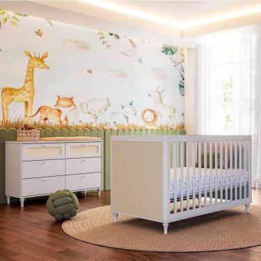Imagem de Kit Quarto Infantil Rattan Berço Americano + Cômoda 6 Gavetas - Branco Fosco