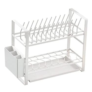 Imagem de Escorredor de louça, escorredor de pratos de 2 camadas com organizador de cozinha, escorredor de pratos grande com suporte de copo, suporte de talheres, suporte de tábua de corte