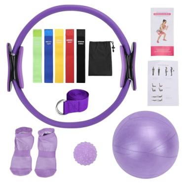 Imagem de SPYMINNPOO Conjunto de Pilates, Kit Essencial de Faixas de Resistência de 5 Níveis Kit de Pilates para Mulheres Em Casa, Academia, Estúdio, Viagem (Roxa)