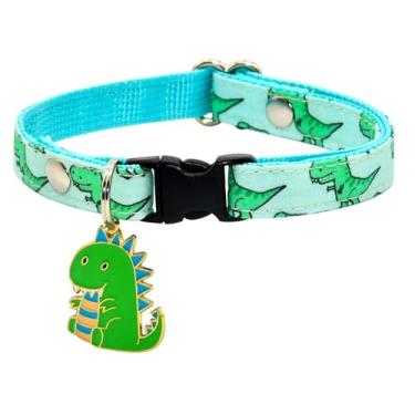 Imagem de Coleira de gato com pingente de dinossauro, padrão de dinossauro azul e verde, PP (20 a 33 cm)