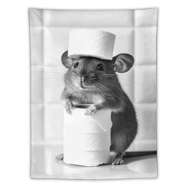 Imagem de Chapéu de papel higiênico com mouse tapeçaria de banheiro impressão artística preta branca para quarto sala de estar dormitório decoração de casa com design de animal de estimação pequeno fofo
