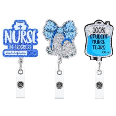 Imagem de 3 peças de carretel de crachá de estudante de enfermagem brilhante porta-crachá de enfermeira retrátil etiqueta de nome de cartão de identificação clipe retrátil para estudantes de enfermagem (azul)