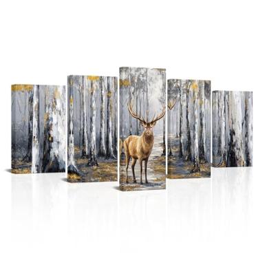 Imagem de Zlove Arte de parede em tela grande de veado rústico - decoração de parede de floresta de bétula de veado dourado e cinza - pinturas de paisagem natural para casa de fazenda, sala de estar, escritório