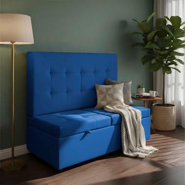 Imagem de Canto Alemão Recamier Bau + Painel Madri 160cm Suede Azul Marinho - Inova Decor