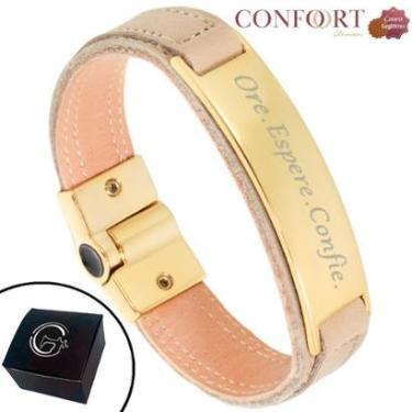 Imagem de Pulseira de Couro Preto e Bege Espere Confie Bracelete Dourado Grafite-Unissex