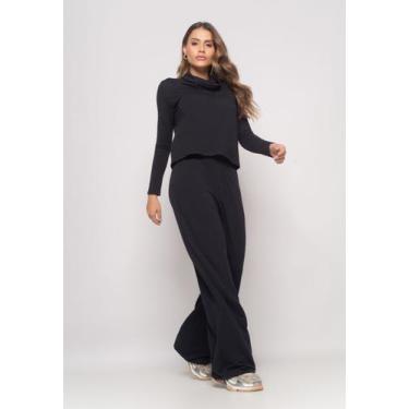 Imagem de Conjunto De Moletinho Com Blusa Golão E Calça Wide Leg Preto Salvatore