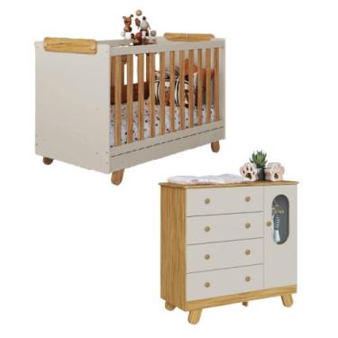 Imagem de Kit Quarto De Bebê Berço Com Cômoda Pingo Off White/Amêndoa - PEROBA