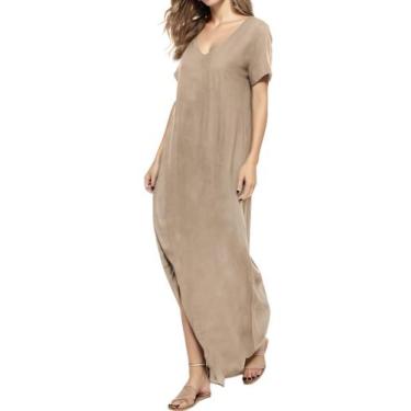 Imagem de Vestido que combina com decote em V, casual, solto, manga curta, maxi 
