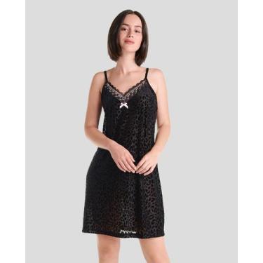 Imagem de Camisola Curta Feminina Flocada e Confortável Preto Lohe, Preto, GG