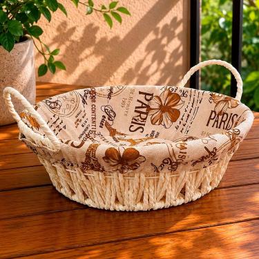 Imagem de Cesta Decorativa Pães Paris Metal com Revestimento em Tecido Centro de Mesa 24cm Altura 8cm Branco