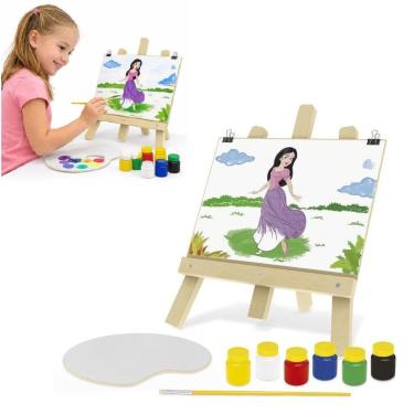 Imagem de Kit de Pintura Infantil Princesas Branca de Neve Cavalete MDF com 6 Tintas Guache Junges