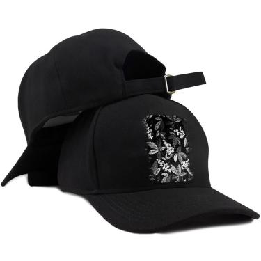 Imagem de Boné baseball preto Flores Preto e Branco Floral Arte Aba curva Unissex