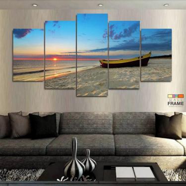 Imagem de Quadro Decorativo Praia Mar Barco 130x63 em tecido