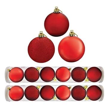 Imagem de Kit 12 Bolas Natal Mista Glitter, Fosca, Lisa Vermelha 7cm