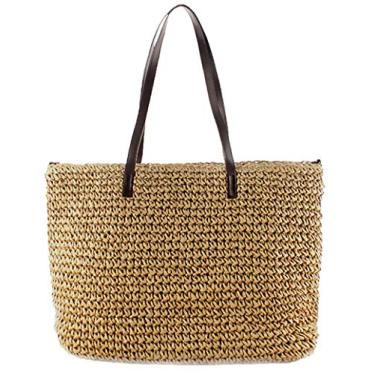 Imagem de Bolsas de praia femininas – Bolsa de palha de tecido para praia bolsa de ombro bolsa de palha para férias de verão, Estilo 2 em 1 cáqui, X-Large