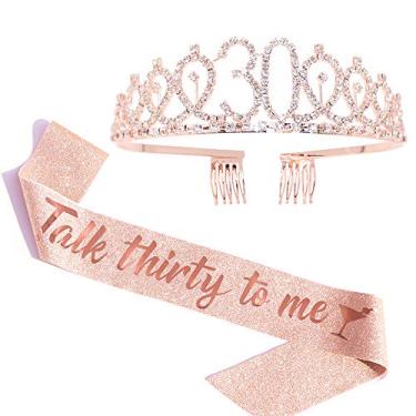 Imagem de Faixa “Talk Thirty to me” faixa e conjunto de tiara de strass – Presentes de 30 anos ouro rosa com purpurina faixa de aniversário para mulheres brindes de festa de aniversário