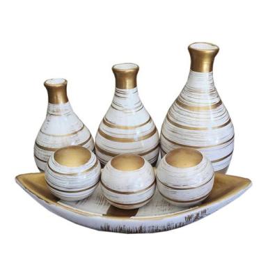 Imagem de Trio Vasos Ceramica Prato 3 Bolas Decorativos Branco/Dourado - J&J