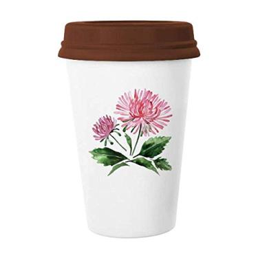 Imagem de Aquarela rosa crisântemo verde caneca café bebendo vidro cerâmica copo tampa