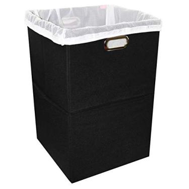 Imagem de Cesto de roupa grande dobrável com saco de lavanderia – Tecido durável premium, placa de plástico, tamanho extragrande, cesto de roupas compacto e economia de espaço com alças de metal (preto)