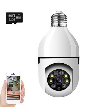 Imagem de Câmera de Segurança Ip 360 Lâmpada Wifi Com Cartão de Memória 32gb, Câmera Espiã Infravermelho, Panorâmica, Giratória, 1080P, Visão Noturna, Pet, MicroSD - BELLA NET