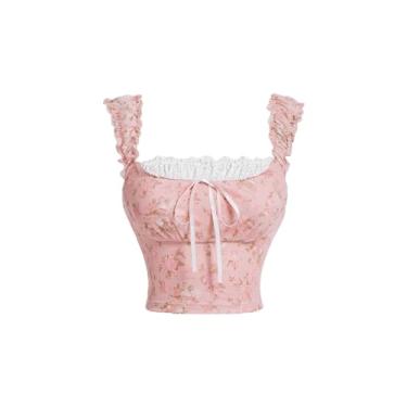 Imagem de Floerns Camiseta feminina com estampa floral, sem mangas, laço frontal, acabamento em renda, rosa, P