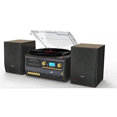 Imagem de TechPlay ODC128BT Mesa giratória de 3 velocidades com leitor/gravador de cassetes, CD, cartão SD MP3/leitor USB, rádio digital AM/FM, entrada auxiliar, alarme de saída de linha, alto-falantes remotos e externos (madeira preta)