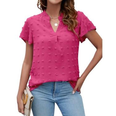 Imagem de Halife Camisetas femininas de manga curta com babados e gola V elegantes casuais de verão túnica solta blusas de bolinhas suíças, rosa, XXG