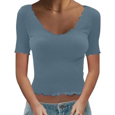 Imagem de KTILG Camisetas femininas curtas de manga curta com gola canoa e acabamento básico de alface com babados, Cinza e azul, PP