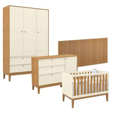 Imagem de Quarto de Bebê Unique 3 Portas com Cômoda Sapateira e Painel Ripado Off White Freijó Eco Wood - Matic