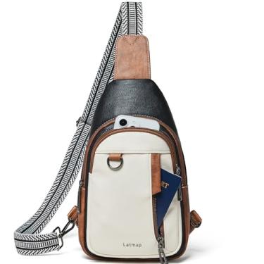 Imagem de LATMAP Bolsa tiracolo 7L para mulheres e homens, mochila pequena de couro, mochila para o dia a dia, pochete antirroubo, bolsa transversal para viagem, Preto e marrom com bege, 7.5 inches (L) x 4.5