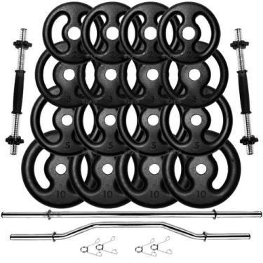 Imagem de Kit 80Kg Anilhas de Ferro com Barras Rosca 40cm + Barra 150cm + Barra 