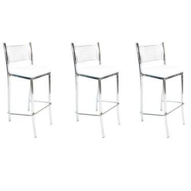 Imagem de Kit 3 Banquetas Empilhável Cozinha Cromada Alta Assento Branco - Poltr