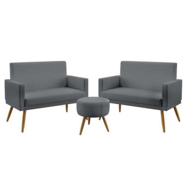 Imagem de Kit 2 Poltronas Namoradeiras Nina Com Rodapé Puff Solar Sued Cinza Ara