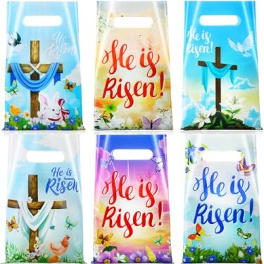 Imagem de Engrowtic 120 peças de sacolas de presente de Páscoa Ele está ressuscitado, sacos religiosos com alças reutilizáveis de plástico para Páscoa, tema de Páscoa, lembrancinha de festa escolar infantil
