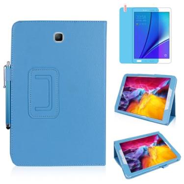 Imagem de Capa de couro fina para Samsung Galaxy Tab A 20.3 cm 2015 (SM-T350 T357 T355 P350 P355), suporte multiângulo, capa protetora completa para tablet com caneta Stylus, película de tela (azul celeste)
