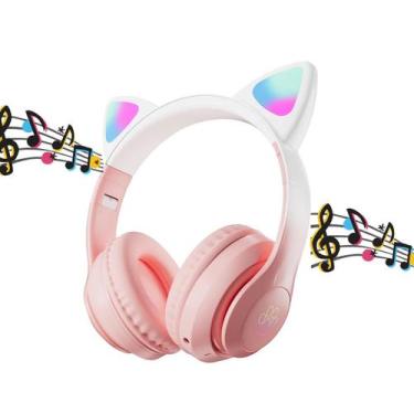 Imagem de Fone Bluetooth Gatinho LED Rosa Ideal para Crianças - FSS Variedades