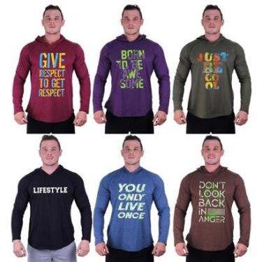Imagem de Kit 6 Camisetas Manga Longa com Touca Longline Estampada Treino Academia Lazer Casual-Masculino