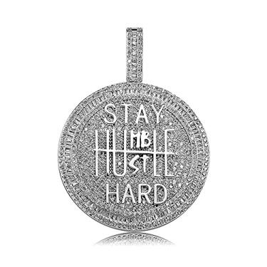 Imagem de ICEDIAMOND Colar pingente folheado a ouro 14K Stay Humble-Hustle Hard Incentivar, Iced Out CZ Diamond Hip Hop Charm Jóias para Homens Mulheres (White)