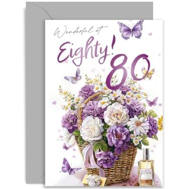 Imagem de Cartão de aniversário de 80 anos para amiga - Cartão de aniversário "Wonderful at Eighty" para mulher - Borboleta roxa e buquê de flores presente de aniversário para ela - Cartão de aniversário